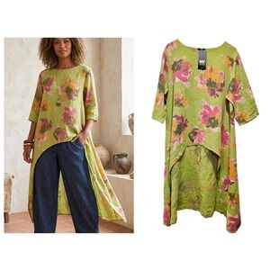 NT By Amati European Linen Lagenlook Tunic Womens One Size Green Floral High Low
